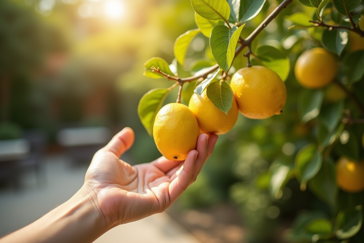 Main examinant une branche de citronnier avec feuilles jaunes