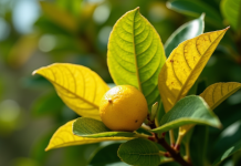 Feuilles de citronnier avec jaunissement visible en extérieur