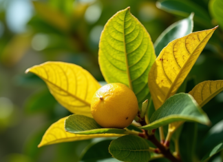 Feuilles de citronnier avec jaunissement visible en extérieur
