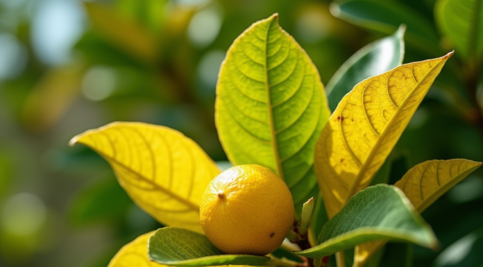 Feuilles de citronnier avec jaunissement visible en extérieur