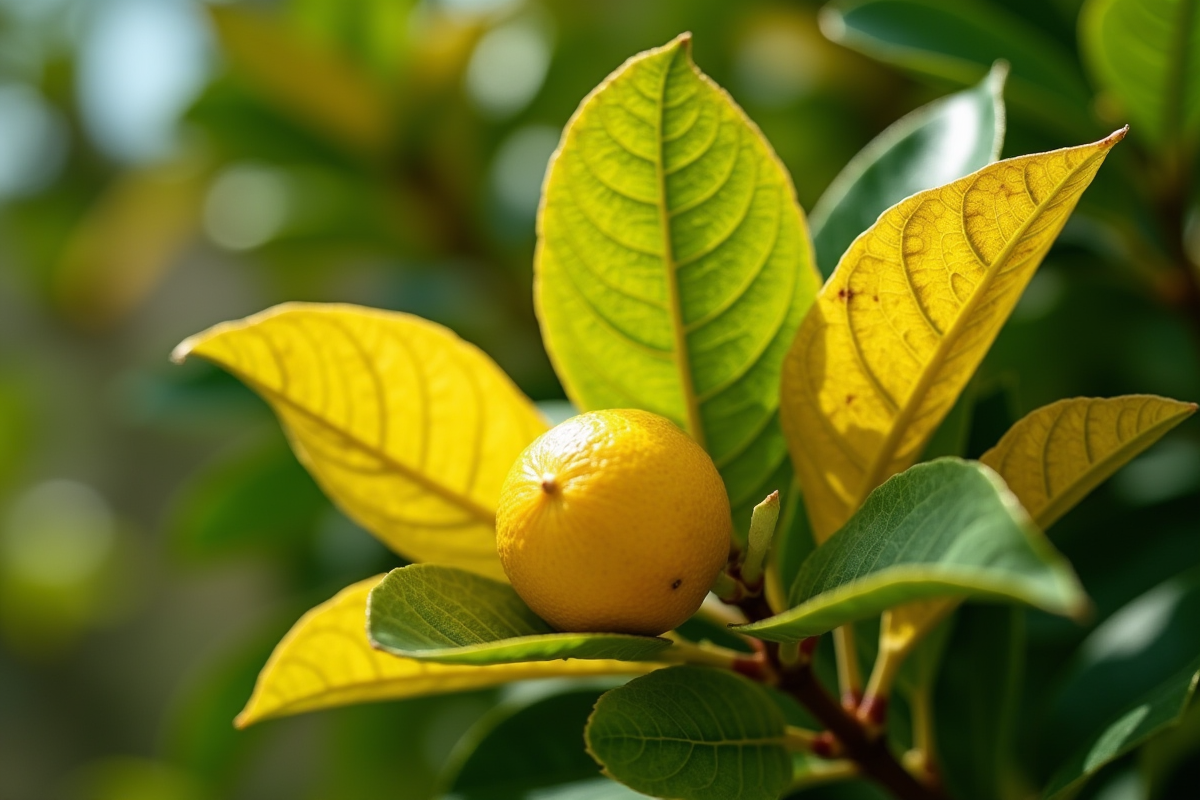 Feuilles de citronnier avec jaunissement visible en extérieur