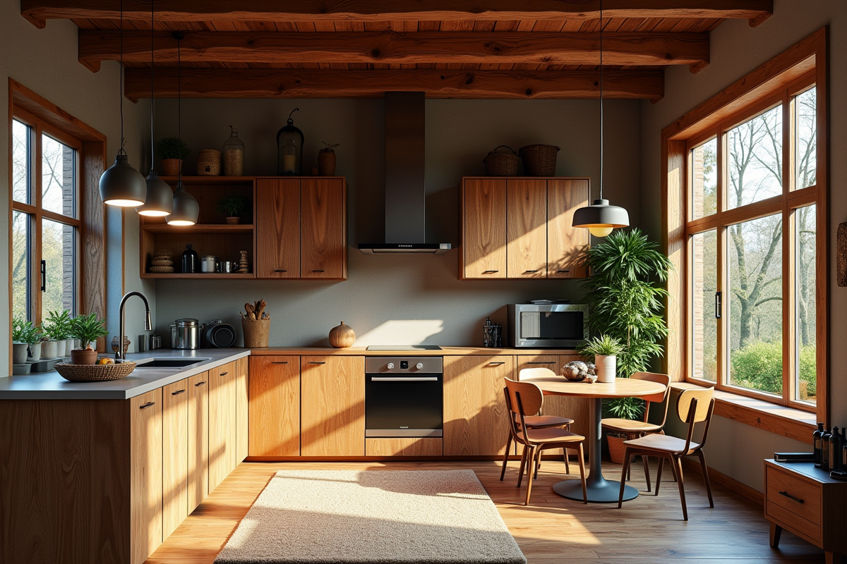 Intérieur en bois rénové avec appareils modernes et éclairage LED
