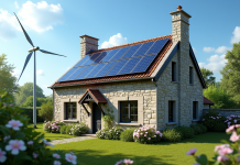 Maison en pierre avec panneaux solaires et éolienne dans le jardin