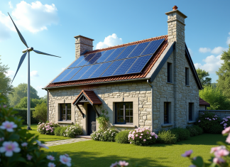 Maison autonome : conseils pour moderniser une vieille demeure ! Maison en pierre avec panneaux solaires et éolienne dans le jardin
