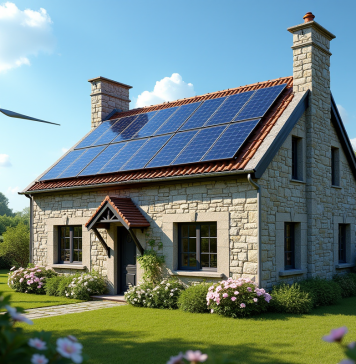 Maison en pierre avec panneaux solaires et éolienne dans le jardin