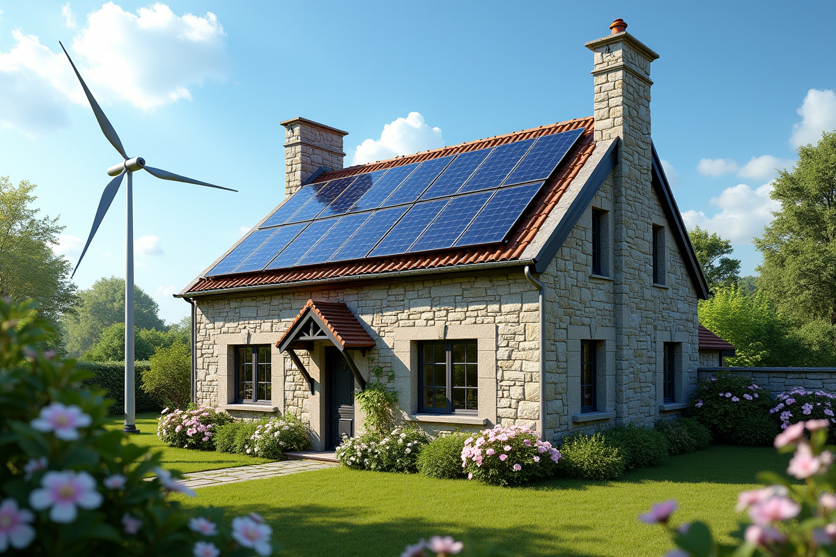 Maison en pierre avec panneaux solaires et éolienne dans le jardin
