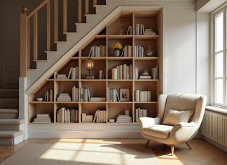 Coin lecture cosy avec étagères et fauteuil sous l'escalier