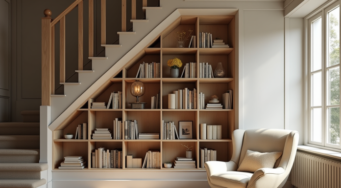 Coin lecture cosy avec étagères et fauteuil sous l'escalier