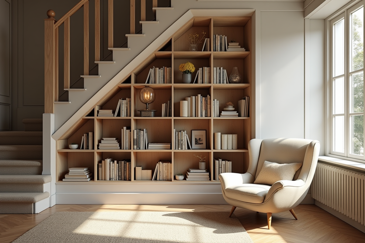 Coin lecture cosy avec étagères et fauteuil sous l'escalier