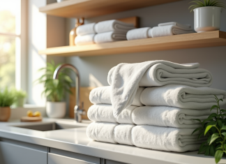 Ranger ses torchons dans la cuisine : astuces et solutions pratiques pour l’organisation essuies de cuisine pliés sur étagères en bois lumineuses