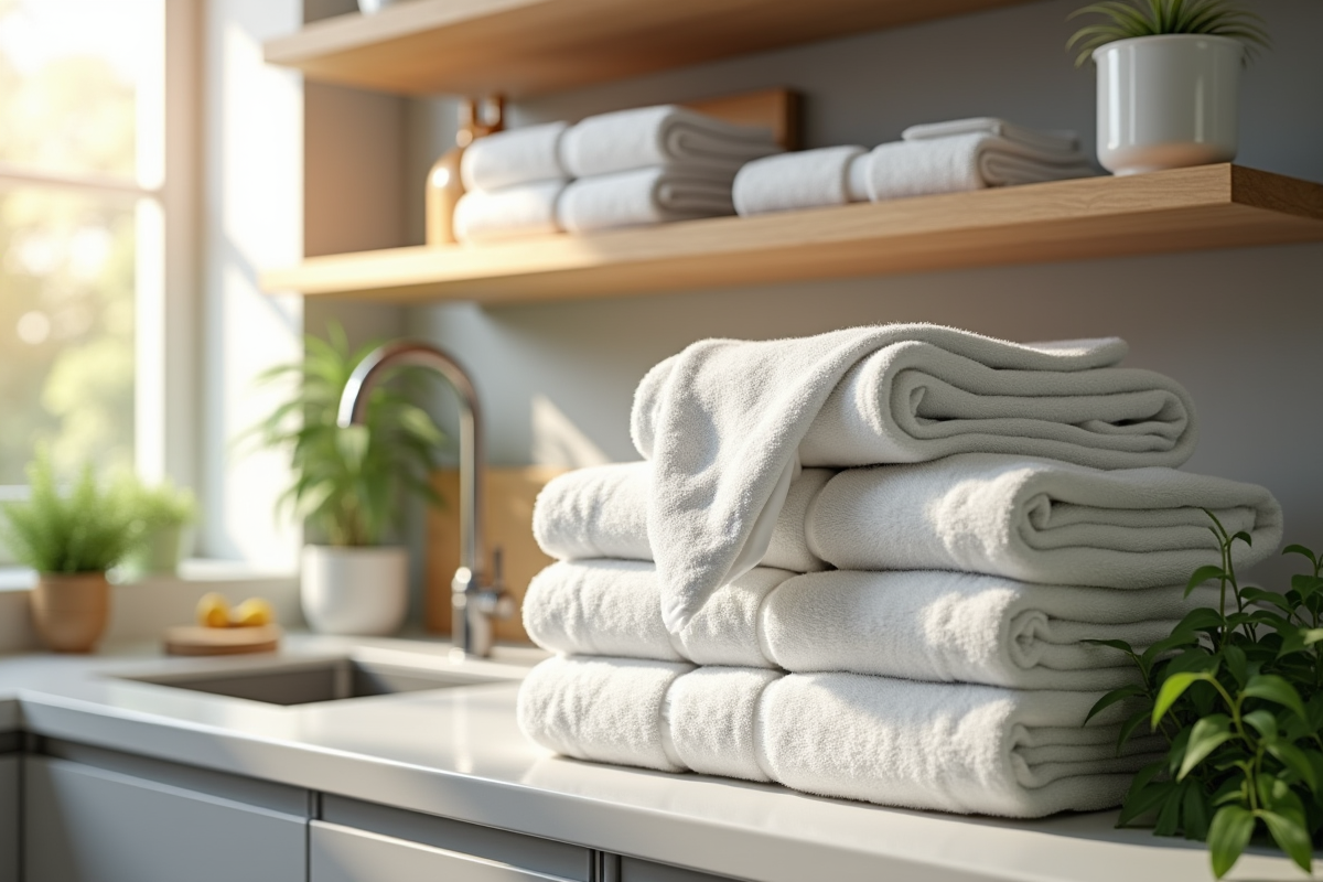 essuies de cuisine pliés sur étagères en bois lumineuses