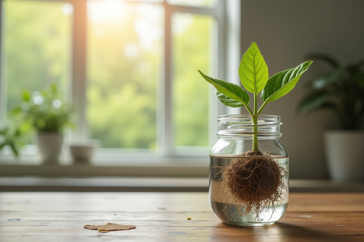 Jeune plant de noyer avec racines dans un verre d
