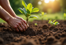 Main de jardinier plantant un jeune noyer en terre riche