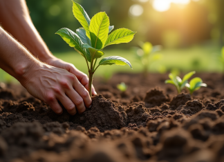 Main de jardinier plantant un jeune noyer en terre riche