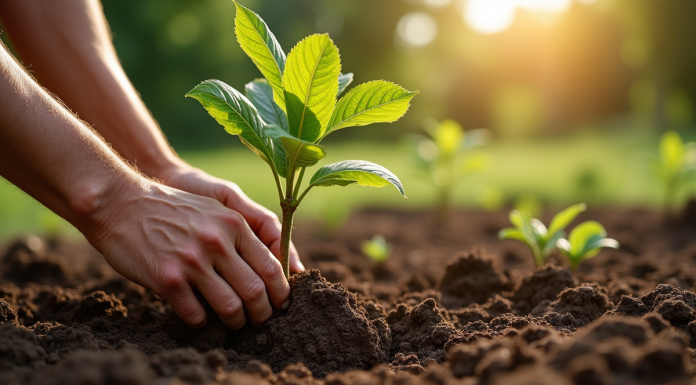 Main de jardinier plantant un jeune noyer en terre riche