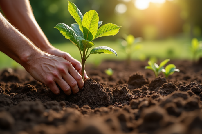 Main de jardinier plantant un jeune noyer en terre riche