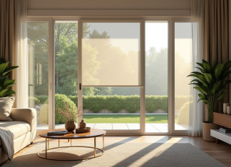 Pourquoi choisir une moustiquaire sur mesure pour baie vitrée 240×215 ? Salon moderne avec baie vitrée 240x215 cm et moustiquaire