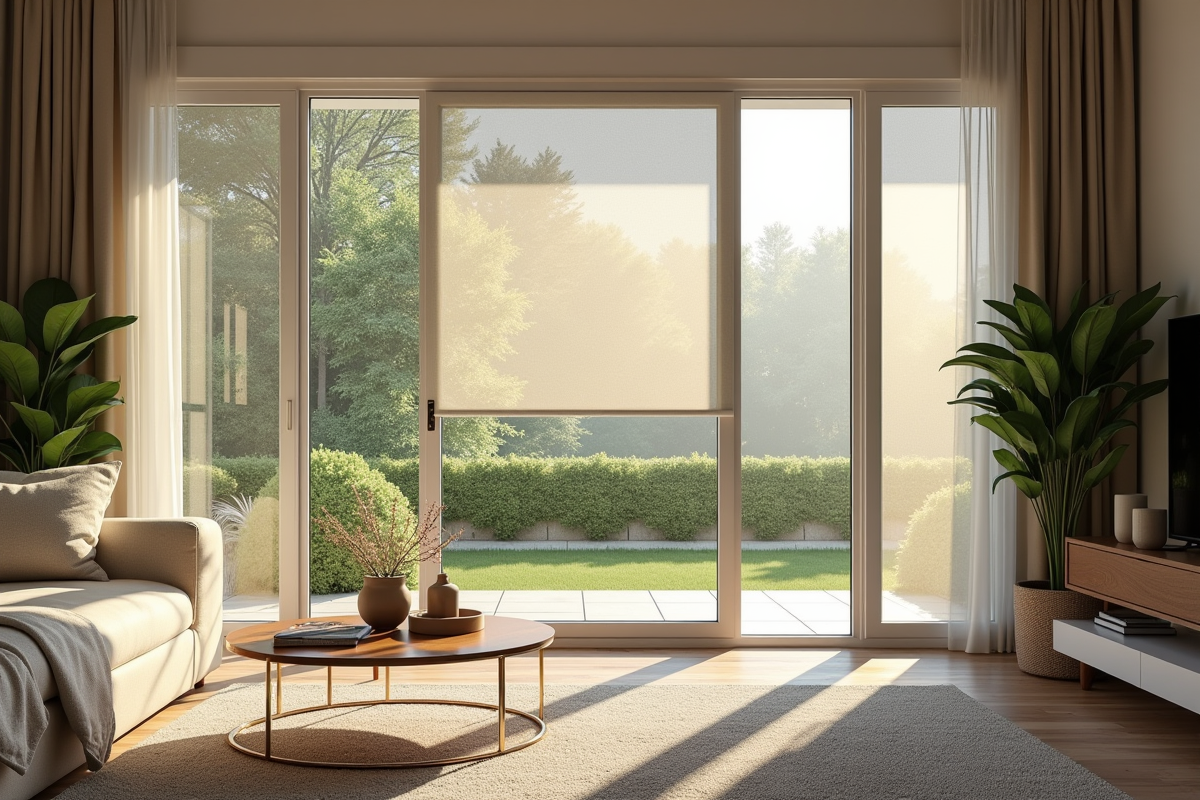 Salon moderne avec baie vitrée 240x215 cm et moustiquaire