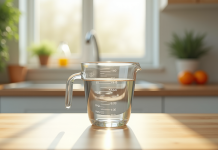 Verre mesure d'eau de 200 cl sur plan de cuisine lumineux