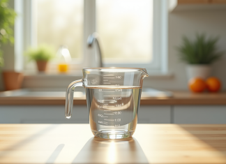 Verre mesure d'eau de 200 cl sur plan de cuisine lumineux