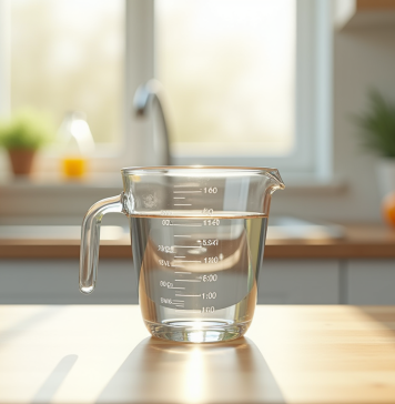 Verre mesure d'eau de 200 cl sur plan de cuisine lumineux