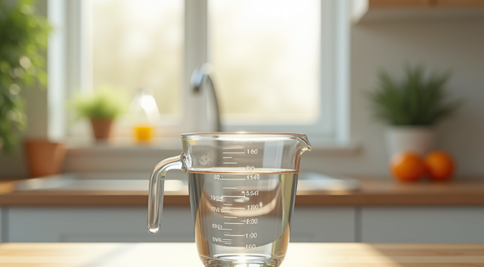 Verre mesure d'eau de 200 cl sur plan de cuisine lumineux