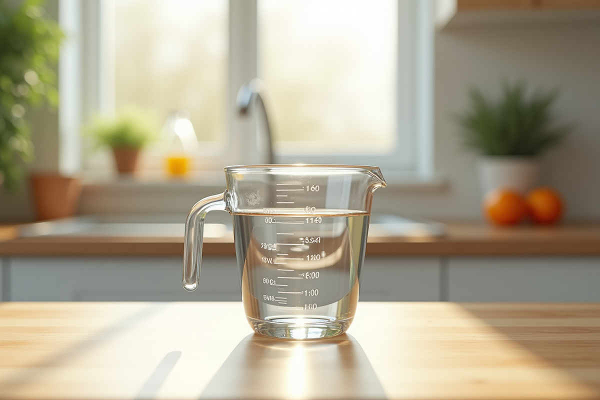 Verre mesure d'eau de 200 cl sur plan de cuisine lumineux