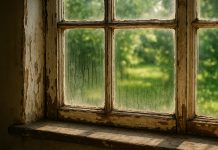 Fenêtres vieillissantes : quand est-il temps de les remplacer ? Photo hyperrealiste d'une vieille fenetre en bois avec peinture écaillée