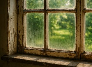 Fenêtres vieillissantes : quand est-il temps de les remplacer ? Photo hyperrealiste d'une vieille fenetre en bois avec peinture écaillée