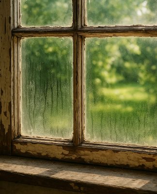Photo hyperrealiste d'une vieille fenetre en bois avec peinture écaillée