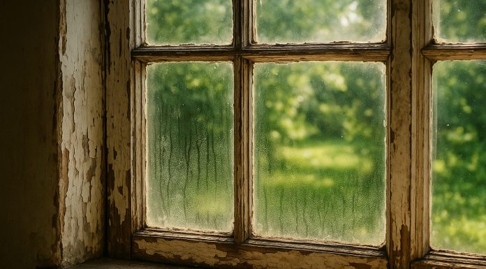 Photo hyperrealiste d'une vieille fenetre en bois avec peinture écaillée