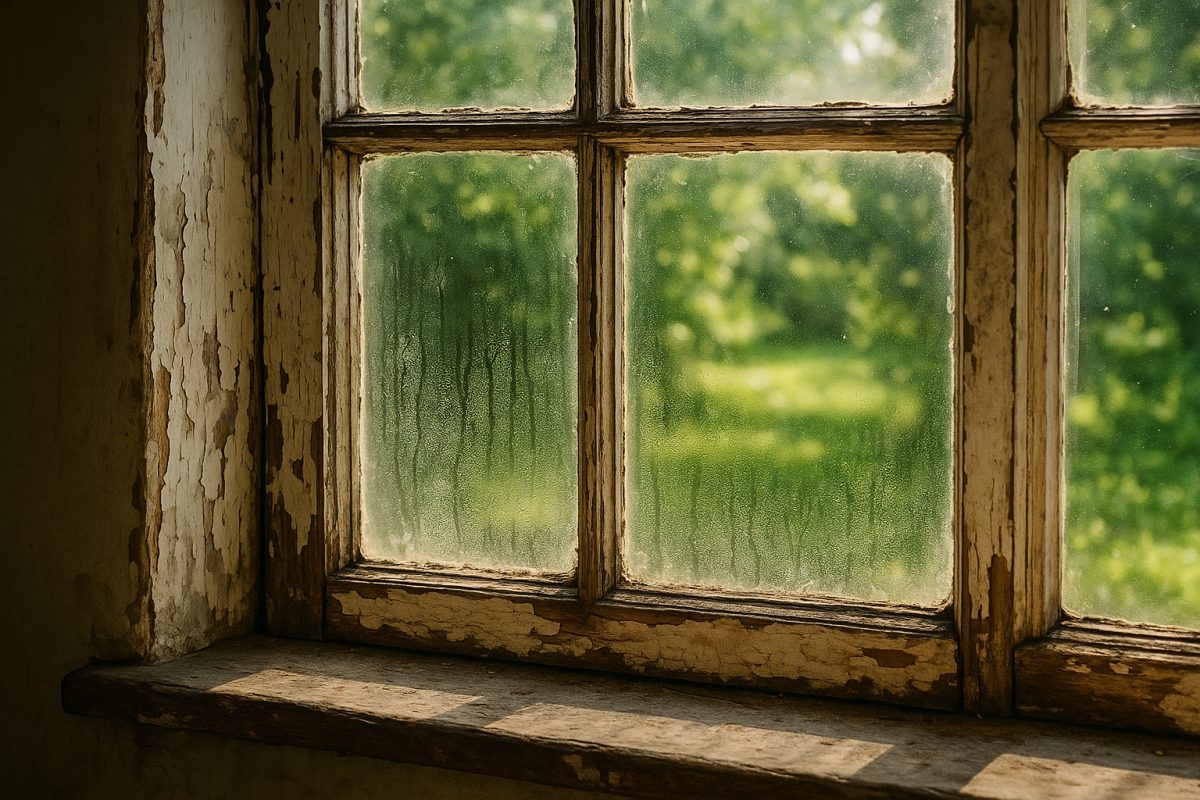 Photo hyperrealiste d'une vieille fenetre en bois avec peinture écaillée