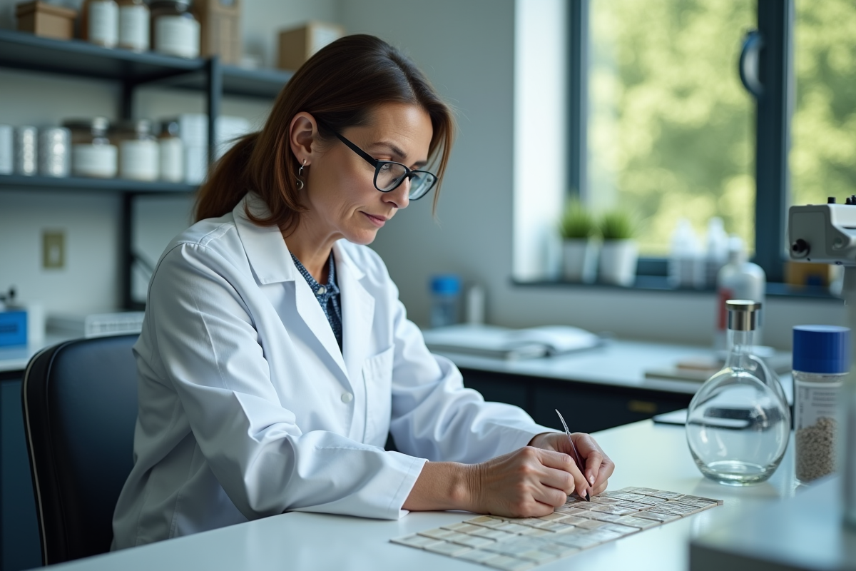 Scientifique examine echantillons en laboratoire