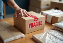 Colis fragile sur une table en bois avec emballages