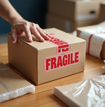Colis fragile sur une table en bois avec emballages