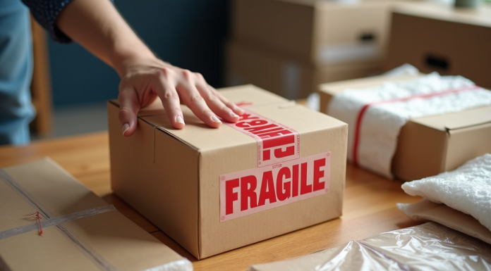 Colis fragile sur une table en bois avec emballages