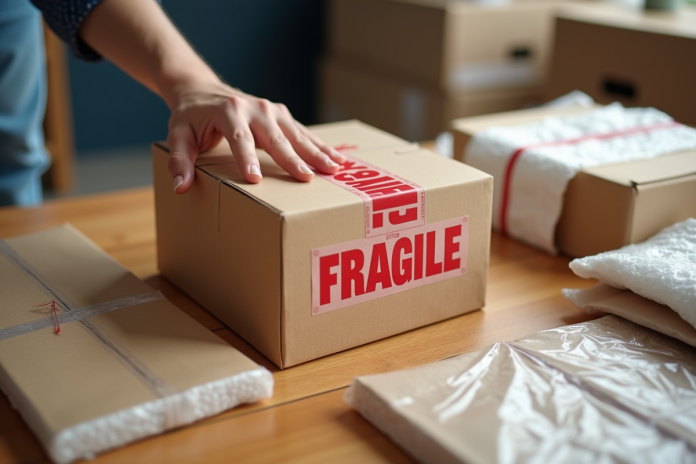 colis-fragile-emballage-bois Colis fragile sur une table en bois avec emballages