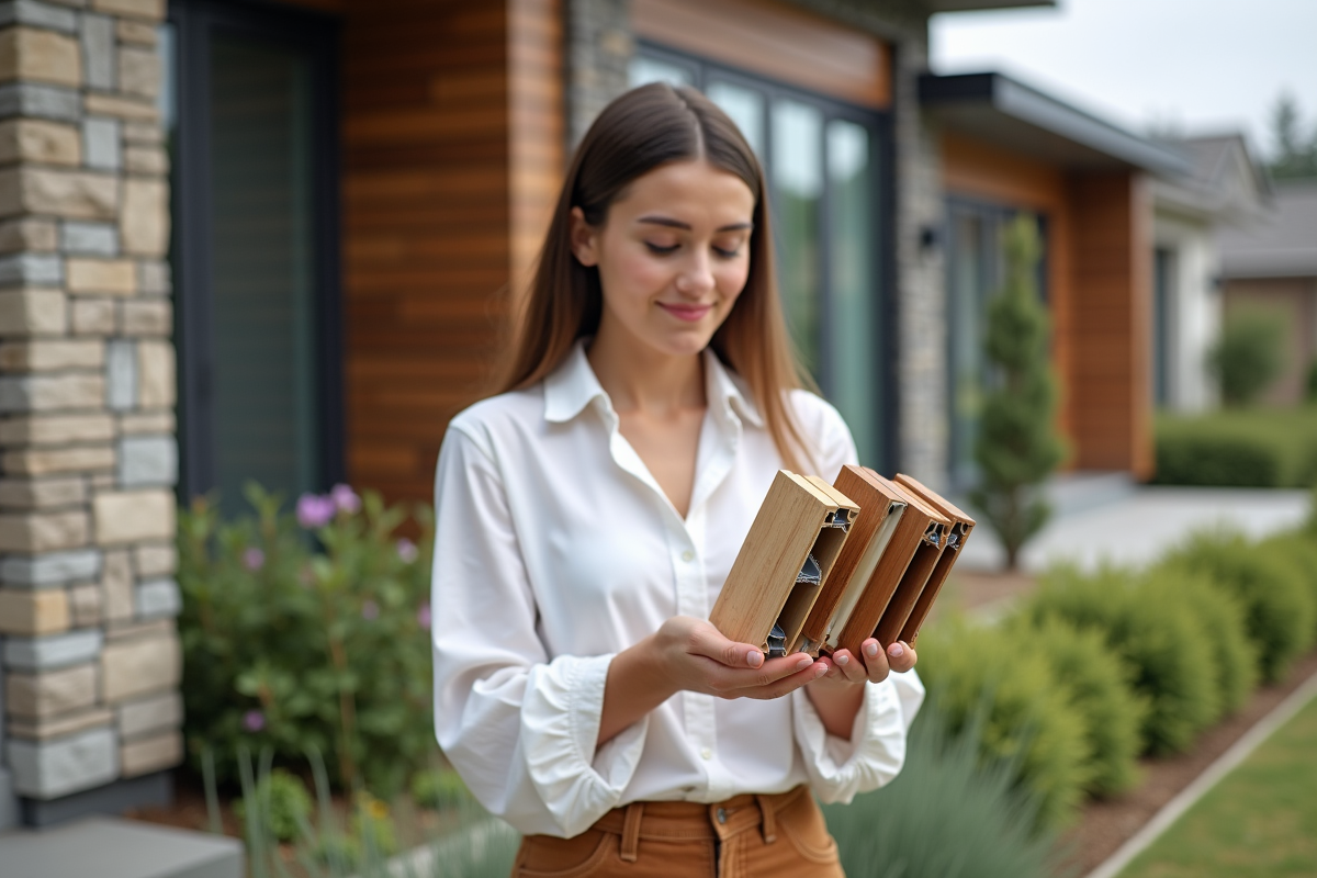 Jeune femme comparant cadres de fenetre en bois et PVC