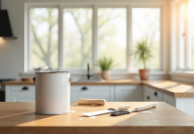 Cuisine moderne fraîchement repeinte lumineuse avec outils de peinture