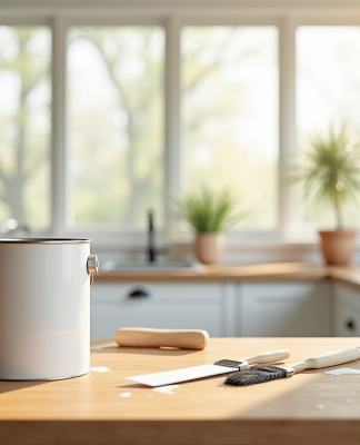 Cuisine moderne fraîchement repeinte lumineuse avec outils de peinture