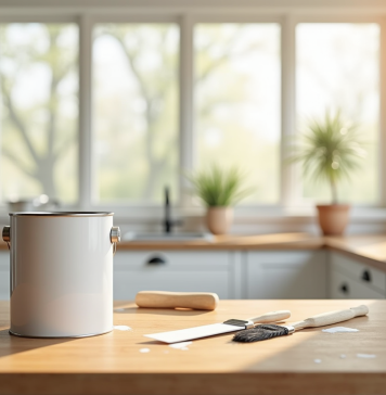 Repeindre une cuisine : quel budget prévoir ? Cuisine moderne fraîchement repeinte lumineuse avec outils de peinture