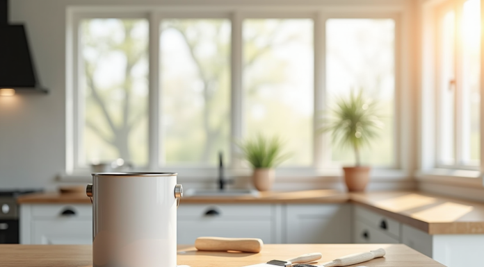 Cuisine moderne fraîchement repeinte lumineuse avec outils de peinture