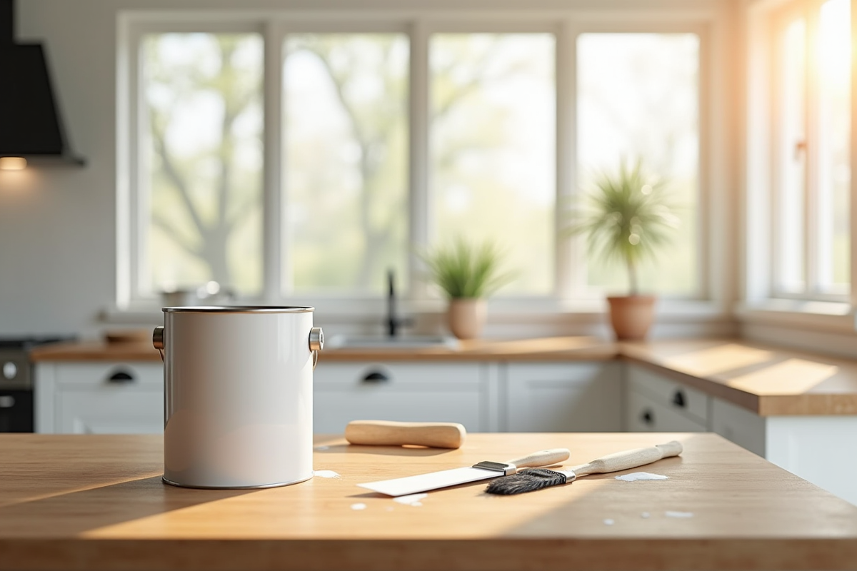 Cuisine moderne fraîchement repeinte lumineuse avec outils de peinture
