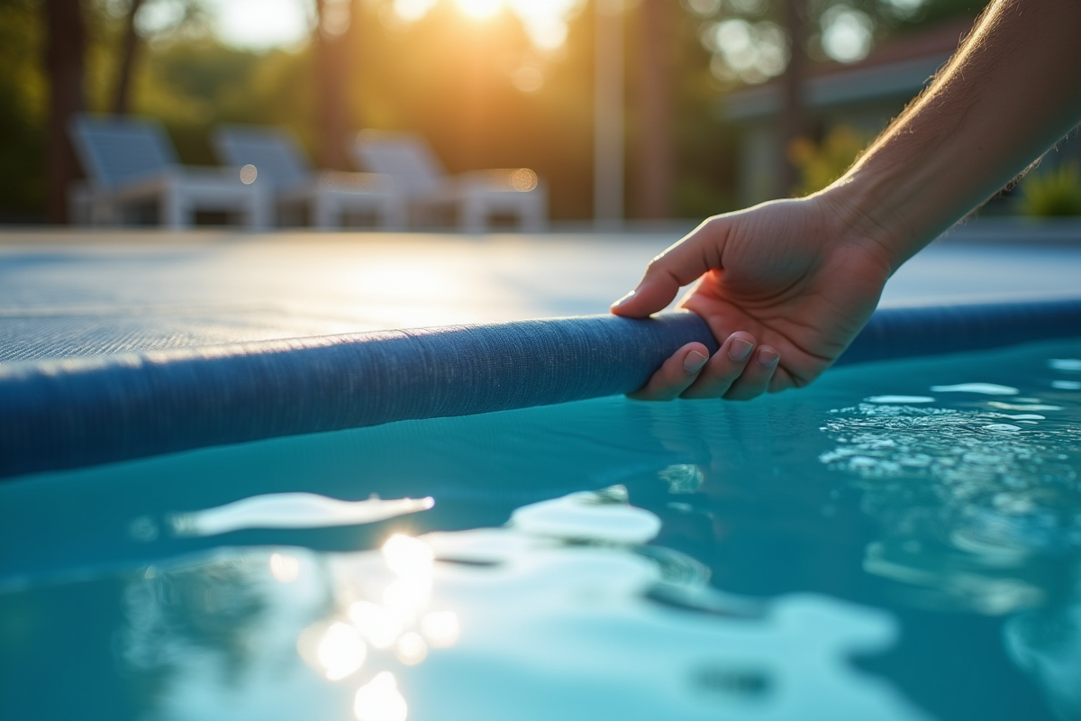 Main déployant une couverture solaire sur une piscine moderne en plein jour