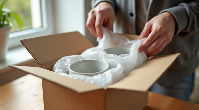 Préparer des tasses en porcelaine pour le déménagement