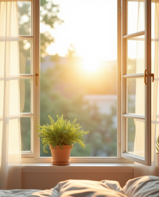 Fenêtre ouverte dans une chambre moderne avec lumière naturelle