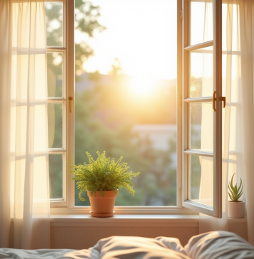 Pourquoi bien aérer sa chambre améliore confort et santé Fenêtre ouverte dans une chambre moderne avec lumière naturelle