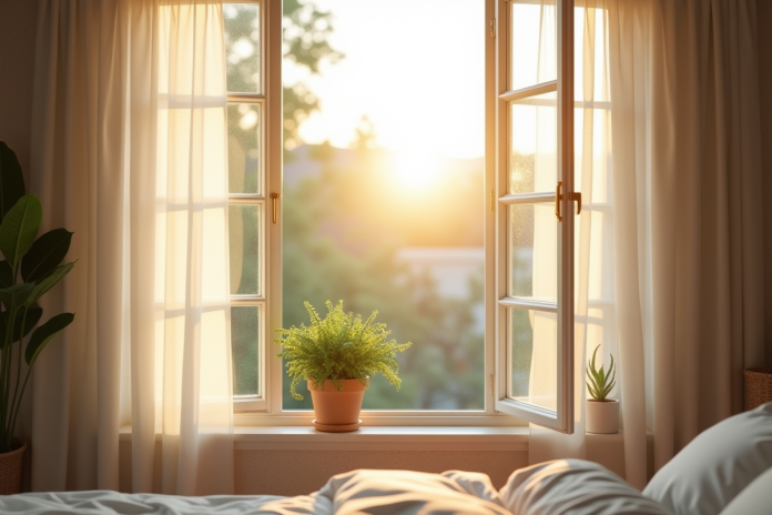fenetre-chambre-lumiere-naturelle Fenêtre ouverte dans une chambre moderne avec lumière naturelle
