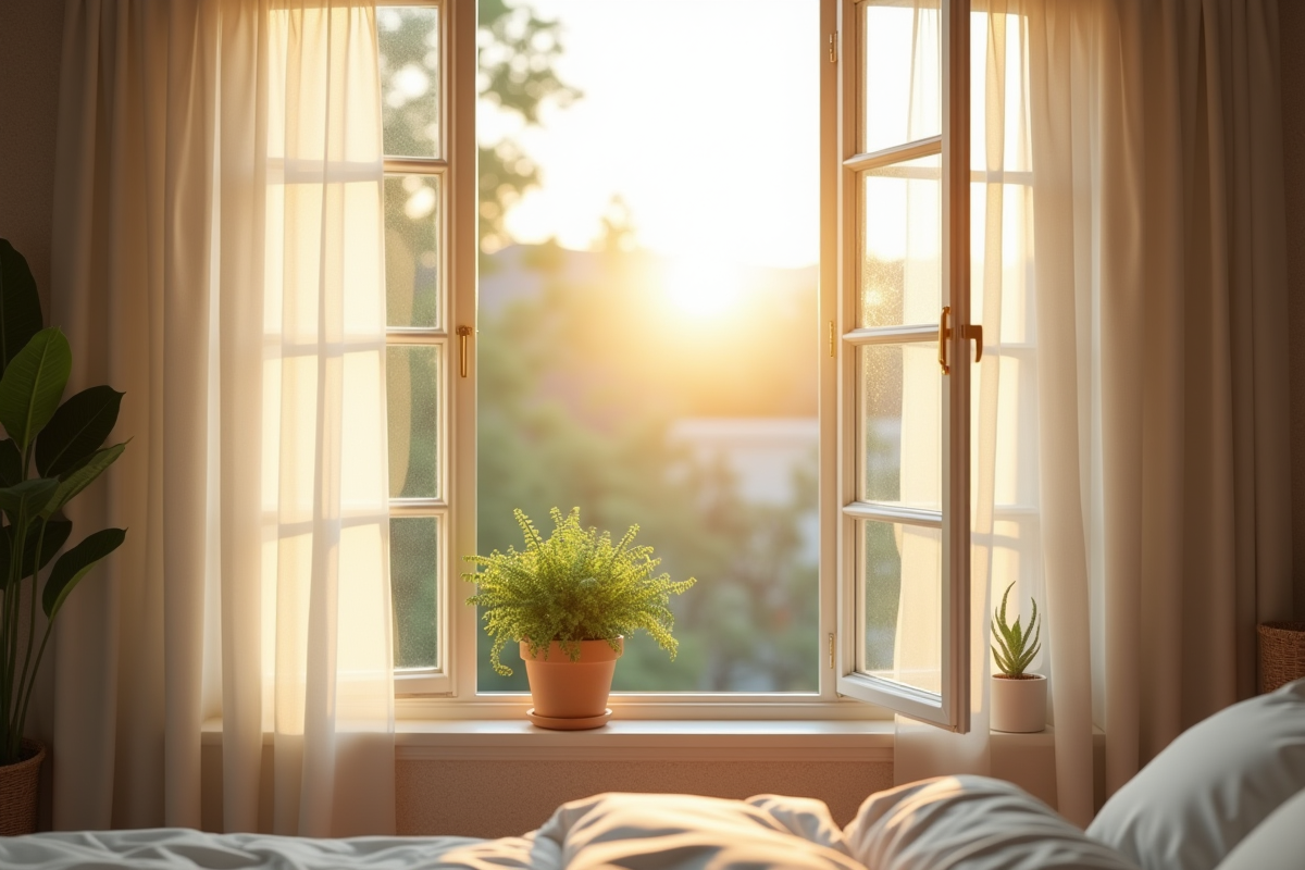 Fenêtre ouverte dans une chambre moderne avec lumière naturelle