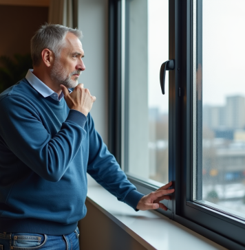 Fenêtres : quels matériaux choisir pour une meilleure efficacité énergétique ? Homme inspectant une fenetre triple vitrage moderne